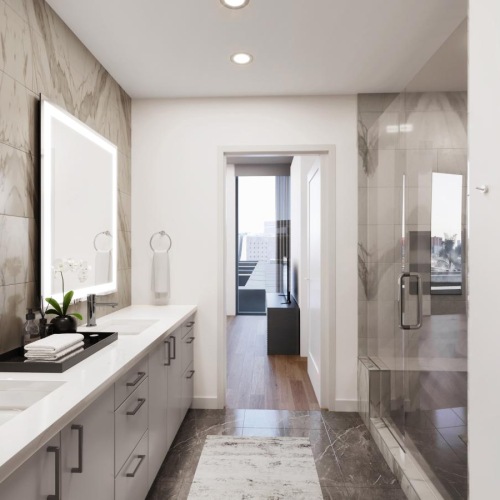 a bathroom with a glass shower